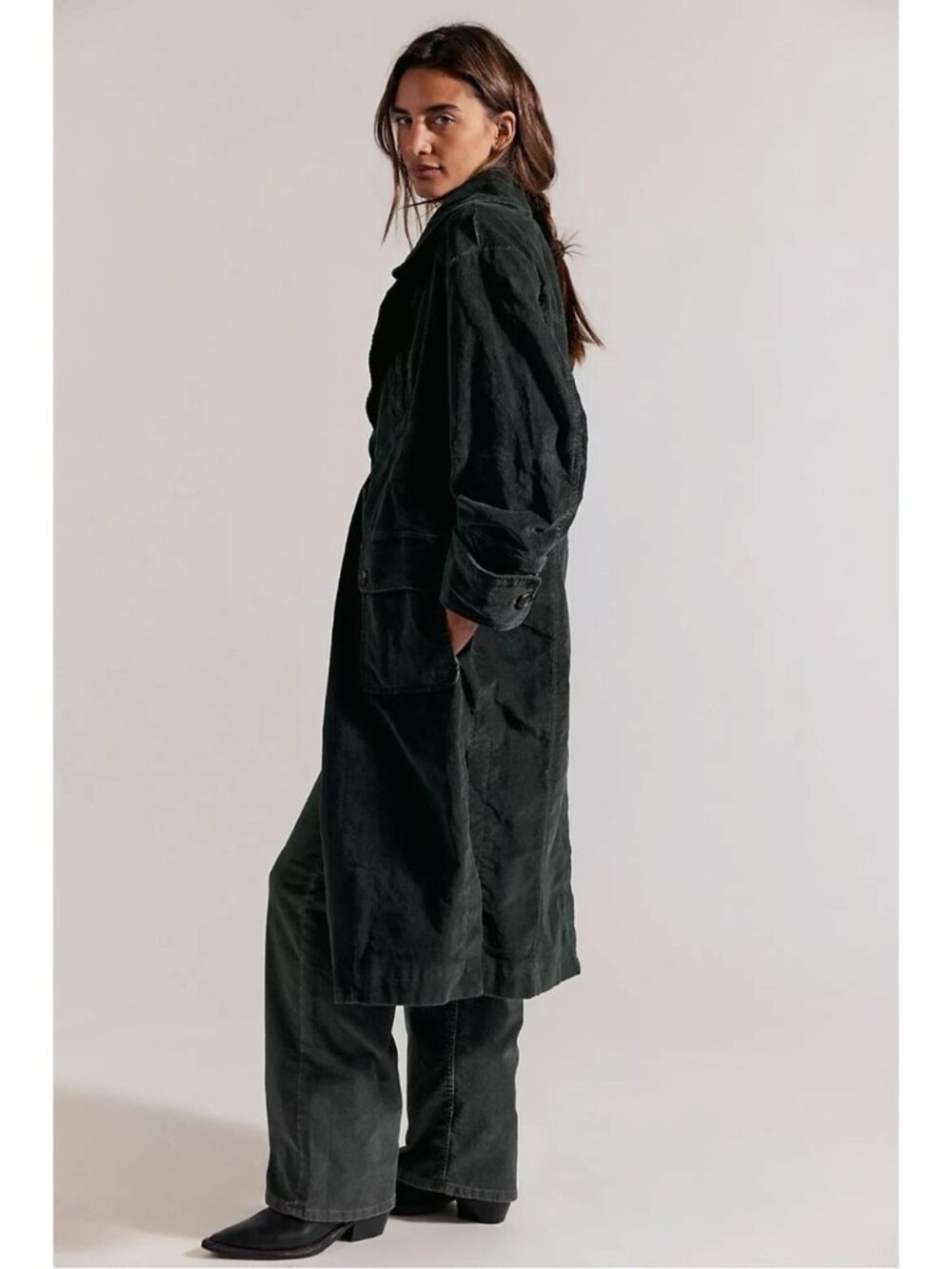 Free People Retro 70s Fox Cord Corduroy Duster Trench Coat Dark Charcoal Medium - Picture 6 of 16